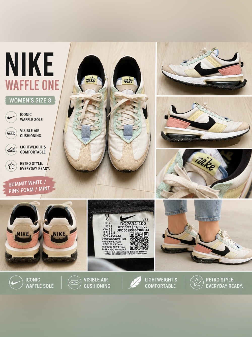 Nike Waffle One Summit White Pink Foam Mint Sneakers Women’s Size 8 Athletic